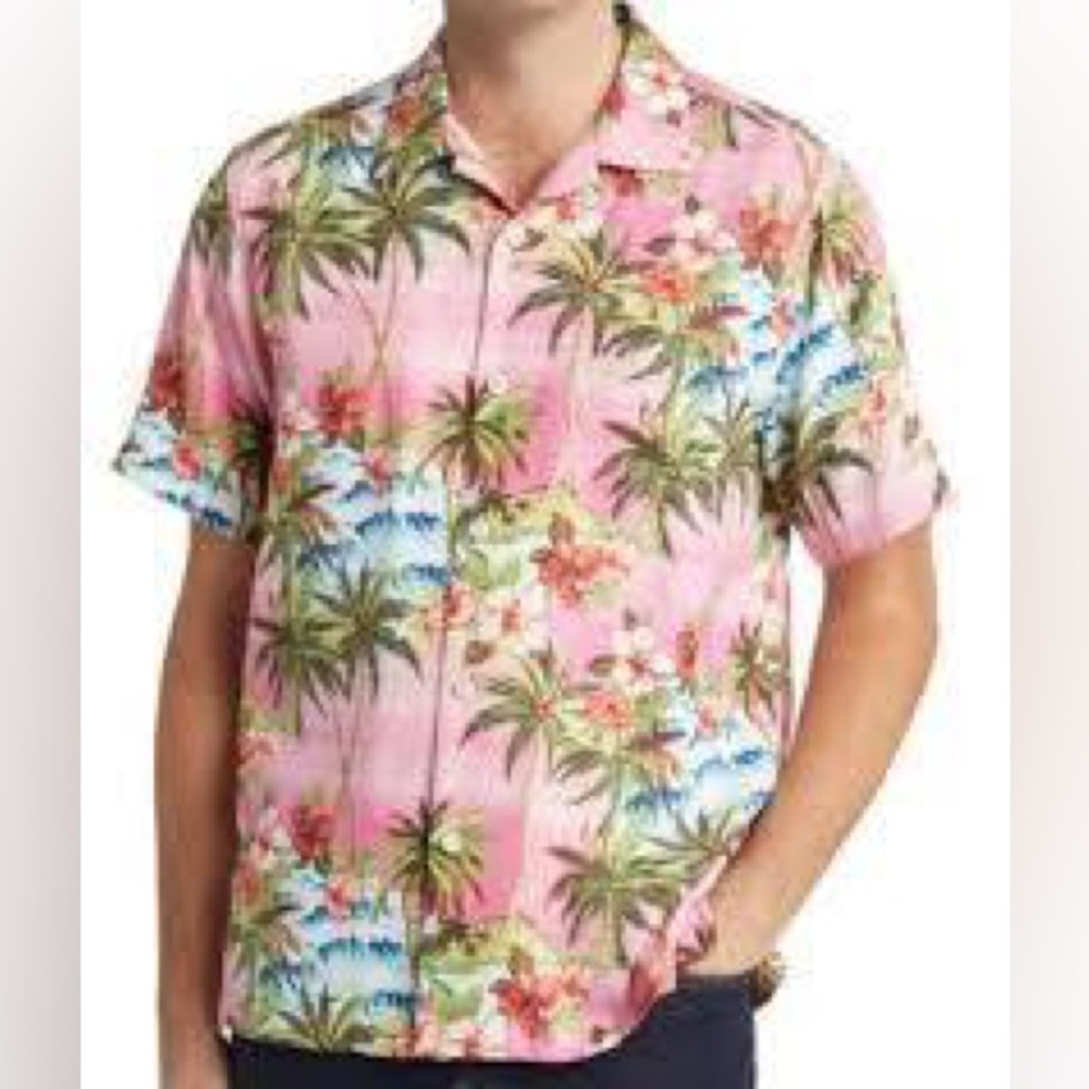 RARE Tommy Bahama Pink Isla Palmetta Camp Shirt 100% Silk